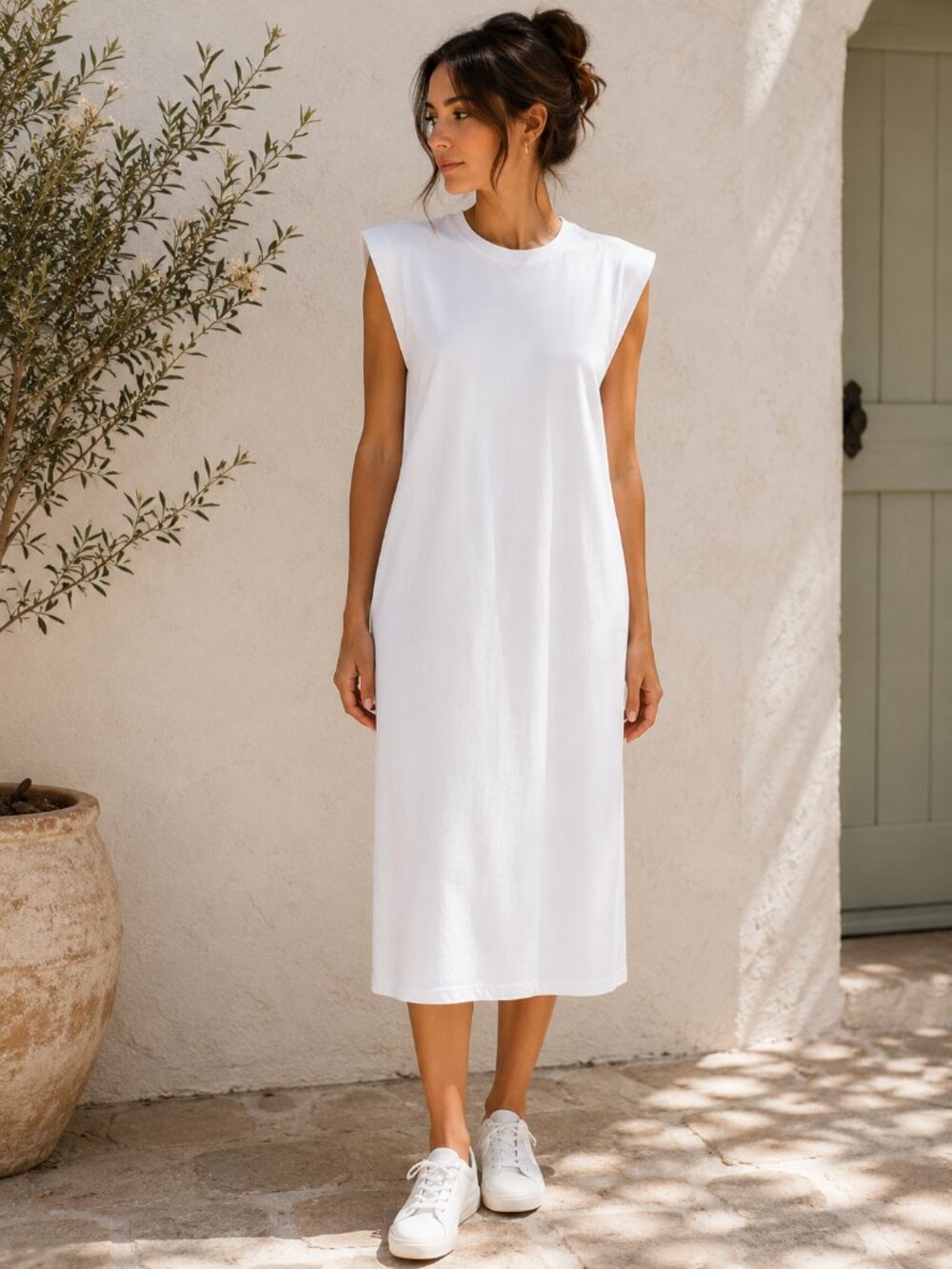 Hudson North T Shirt Dress Womens XL White Midi Shoulder Pad Sleeveless Relaxed